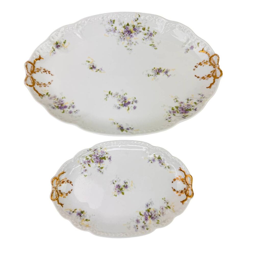 2 LIMOGES Antique CH Field Haviland Purple Flower Gold Accent Scalloped Platters